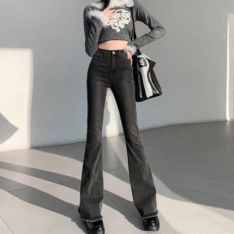 Women's High Waist Frayed Micro Flare Jeans - Retro Slim Fit Petite Pants