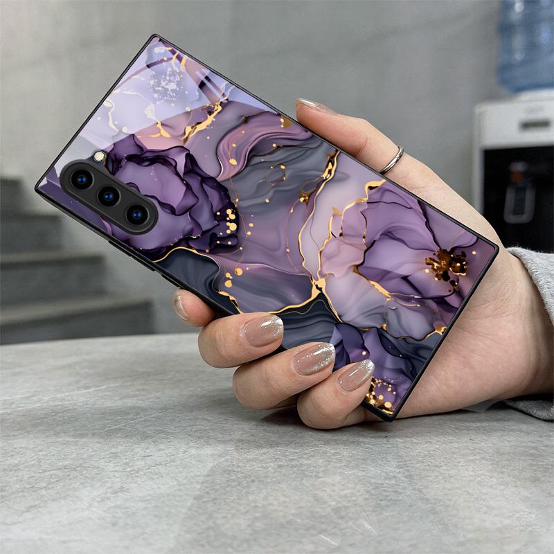 Amethyst Ink Floral Flow Black Glass Phone Case For Samsung Galaxy S20 S21 S22 S23 Plus S24 FE S25Edge S26 Ultra S25 20 5G Cover