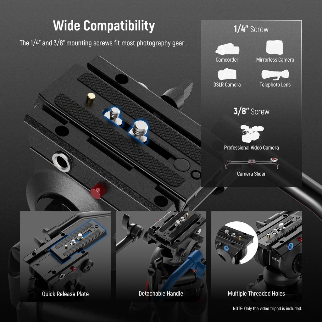 NEEWER Basic 187cm Video Tripod with Video High Camera Tripod with Dynamic Suitable for Maximum Load TP37 Head, Metal, Durability, Damping/Mid-Level