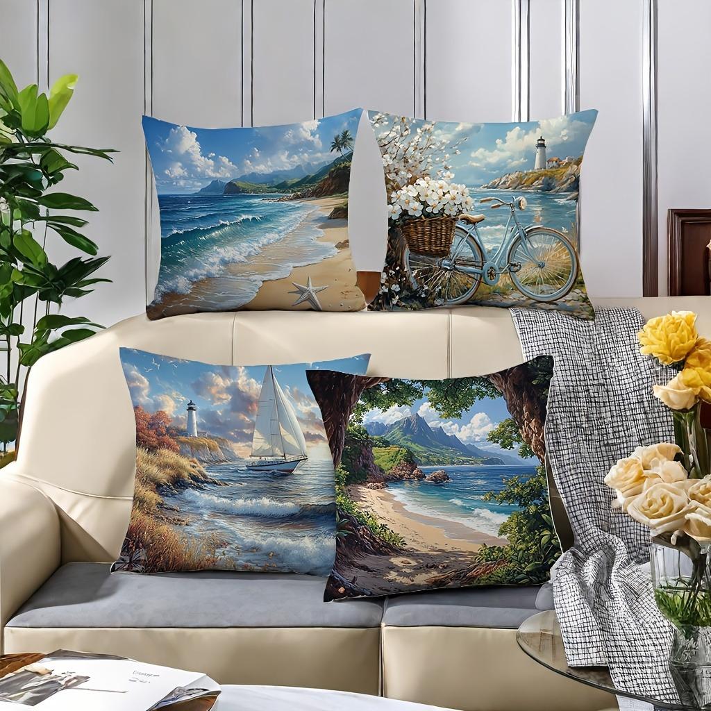 Coastal Landscape Pillowcase: Serene Beach & Seaside Scene Cushion Cover For Relaxing Nautical Home Sofa Decor