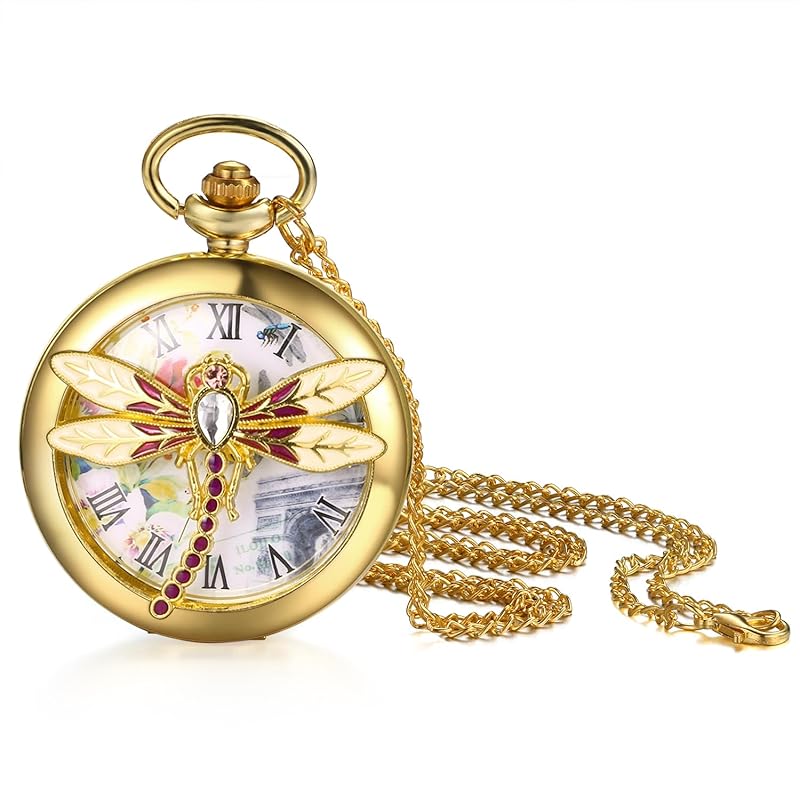 

skeleton pocket watch dragonfly antique Golden: rome analog display waterproof pocket watch pendant necklace chain gold - birthday anniversary