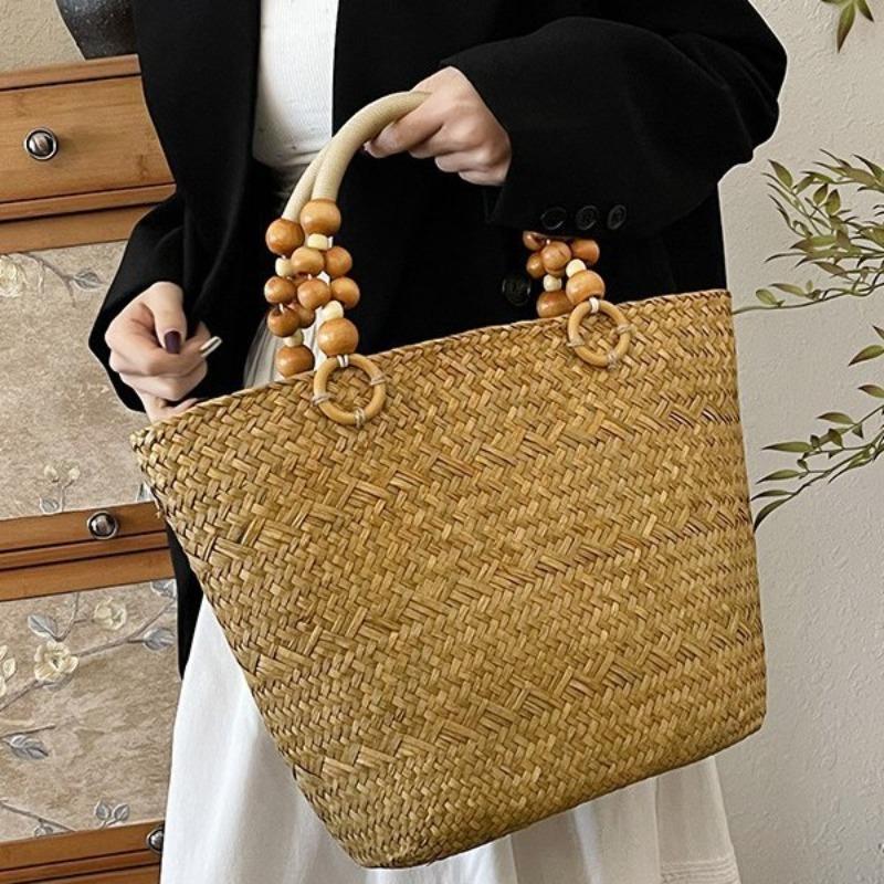 Straw Retro Large-capacity Handbag Woven Commuter Hundred Tower Tote Bag Seaside Vacation One Shoulder Handbag Women's Bag