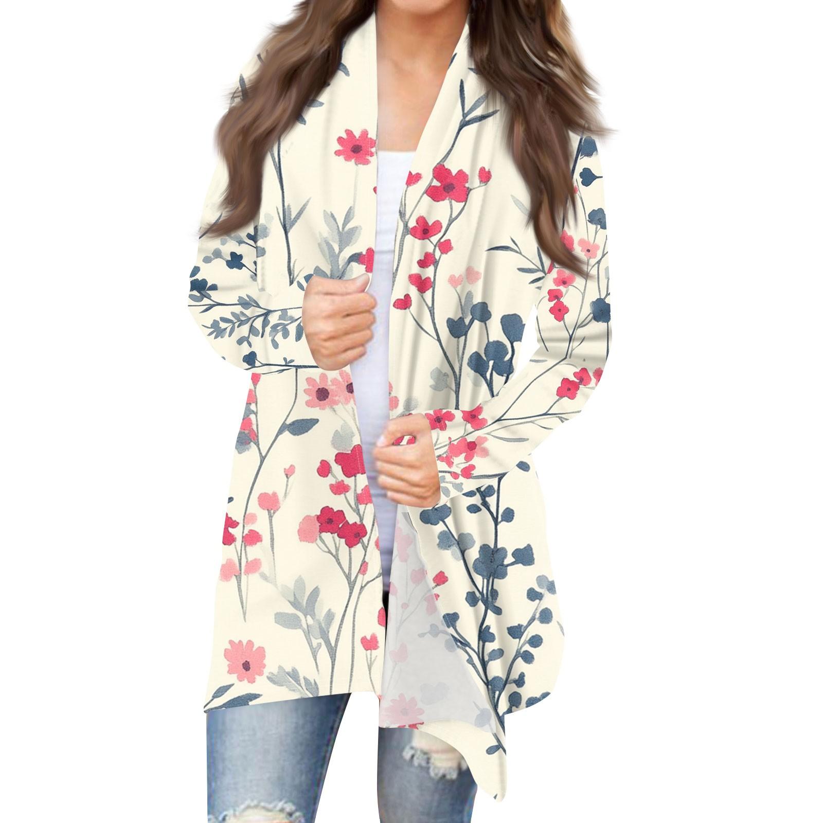 

Женская мода повседневная винтажная цветочная набивная куртка-кардиган средней длины XL арбуз красный