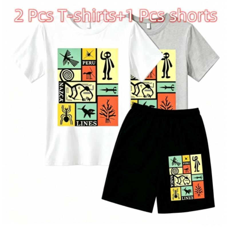 Fashion Retro Mysterious Runes Print Outdoor Street Kids T-shirt and Shorts Summer Home Casual Outfit Boy and Girl's Sports Set