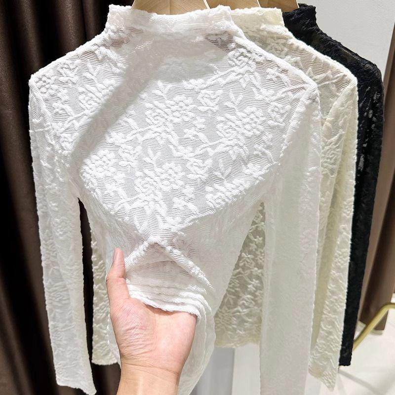 Čierny čipkovaný sveter pre ženy na jeseň a zimu, vzorovaný sieťovaný sveter s polovysokým výstrihom, tenkým dlhým rukávom