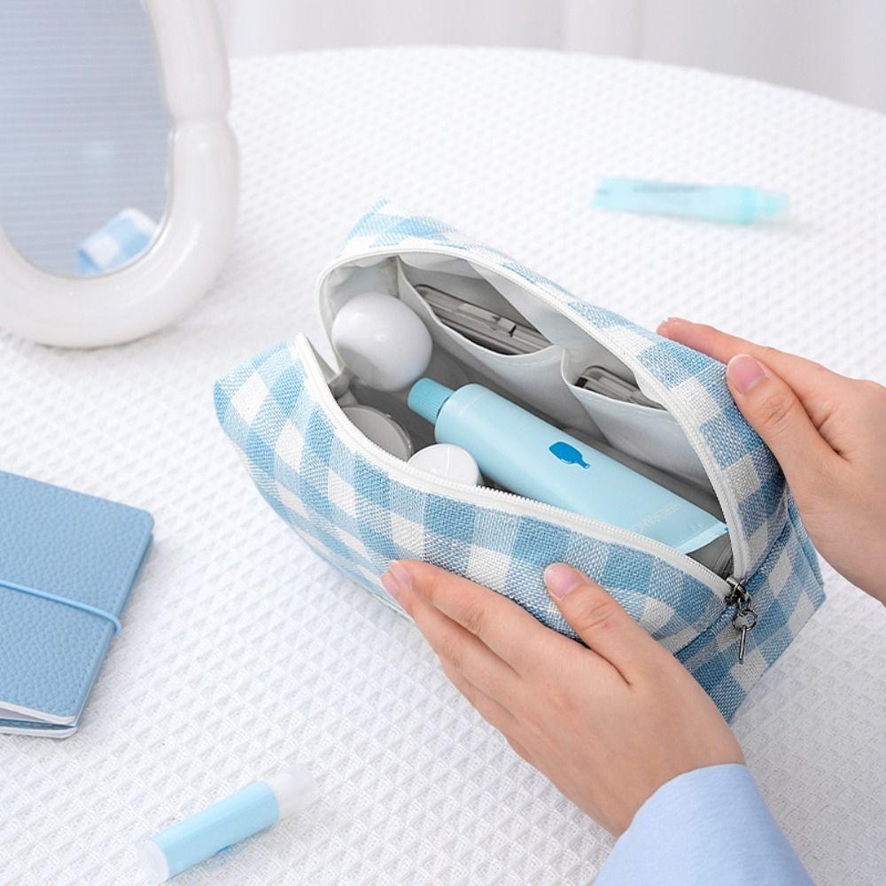 Large Capacity Makeup Pouch Lattice Travel Wash Bag Simple Plaid Cosmetic Bag Women/men