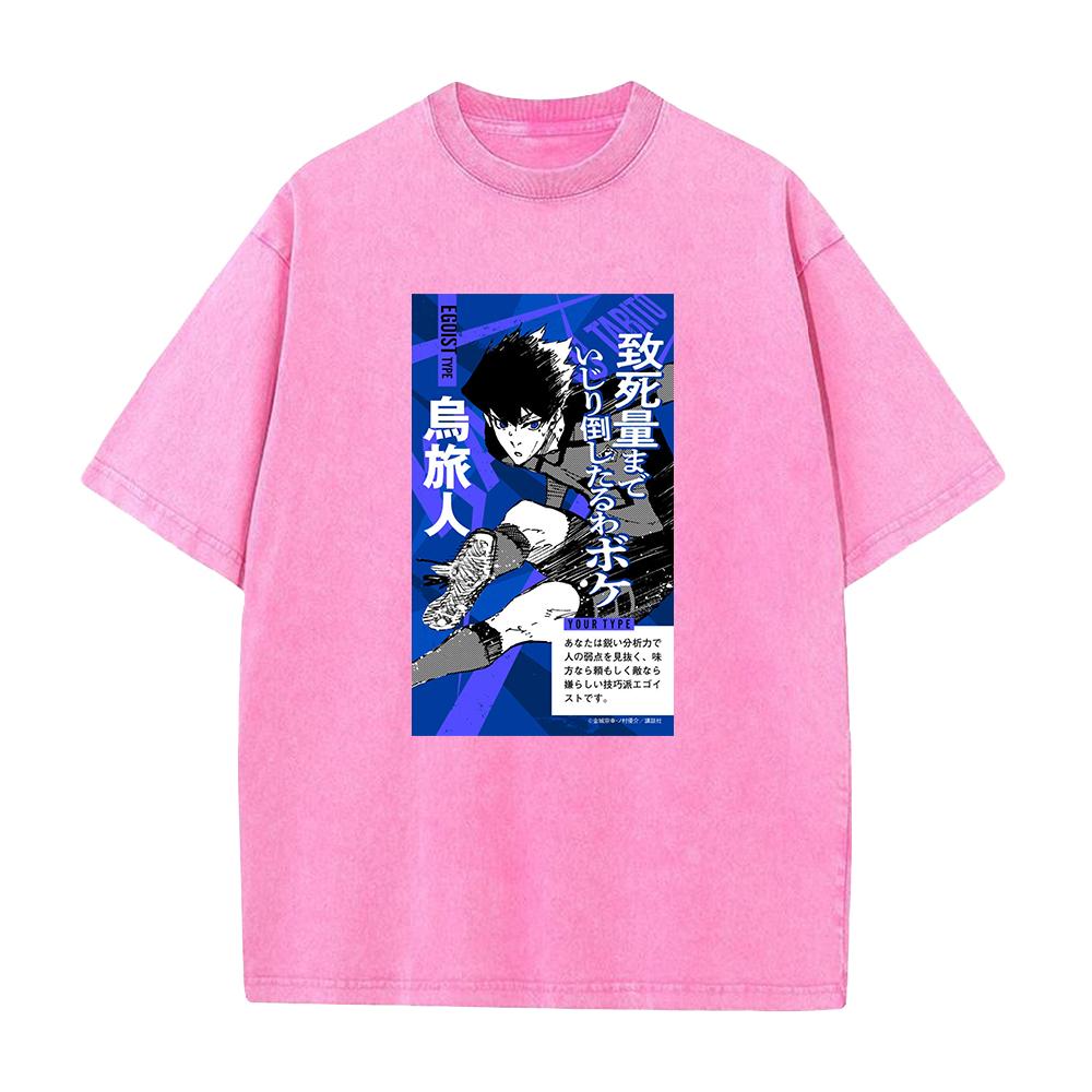 BLUE LOCK Anime Clothing Karasu Tabito Cool Print Washed T Shirt Men Street Cotton Tshirts Washed Manga Tee Harajuku T-shirt