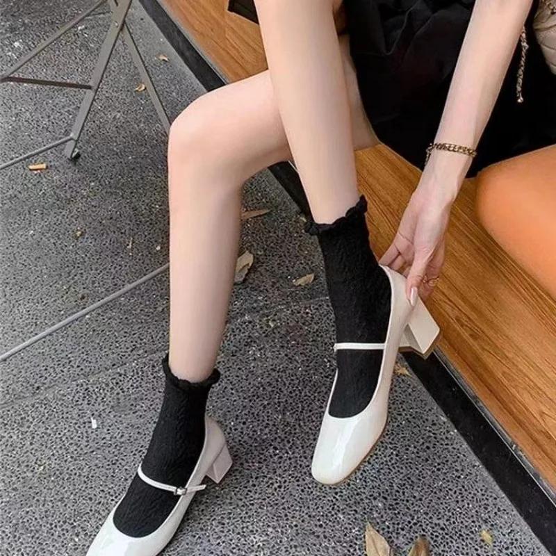 Fashion French Soft Leather Thick Heeled Mary Jane Shoes for Women Spring/autumn Pumps Round Toe One Belt Buckle Shallow Office Shoe
