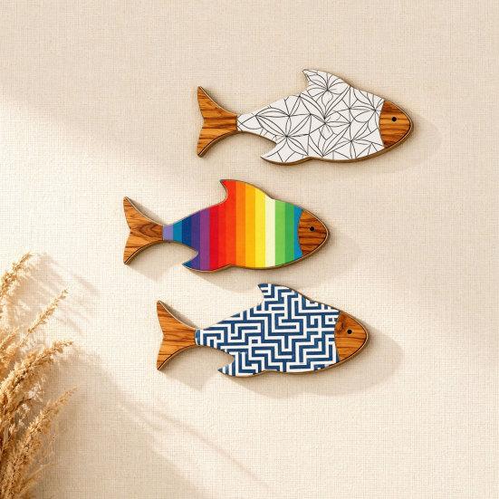 3Pcs/Set Wooden Fish Coastal Wall Art, Rustic Handcrafted Fish Wall Decor, Nautical Fish Wall Sculpture for Living Room, Beach Lake House