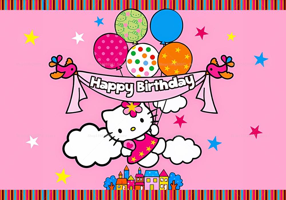 Hello Kitty Happy Birthday Backdrop Cute Pink Cartoon Theme Kids Girls Baby Shower Party Photo Background Banner Decor Supplies