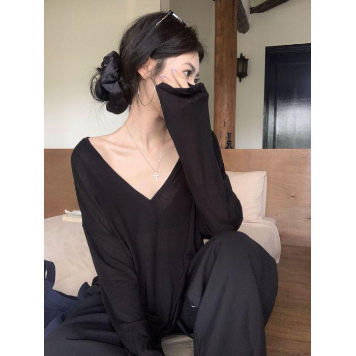 Tencel V-neck Ribbed Sheer Long Sleeve Loose Sun Protection Women's Top
