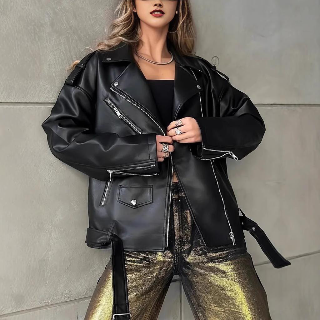 Women Coat Faux Leather Slim Fit Solid Color Turn-down Collar Zipper Rivet Decor Smooth Cardigan Long Sleeve Lady Motor Jacket