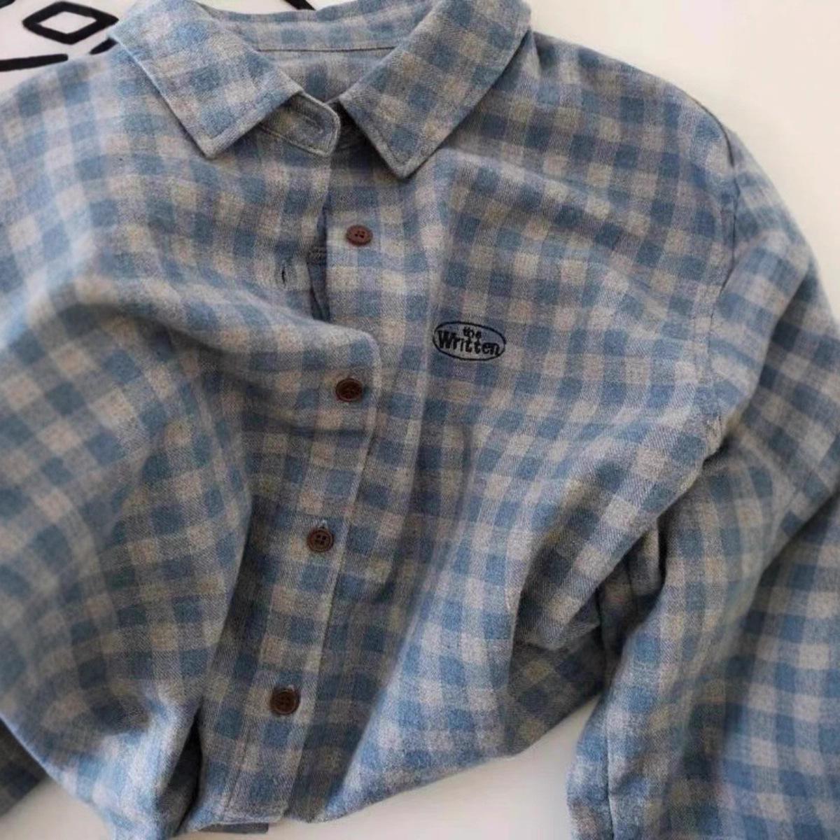 

Women s Plus Size Blue-Gray Plaid Shirt - Autumn/Winter Casual Top with Brushed Embroidery XL (145-165 jin)