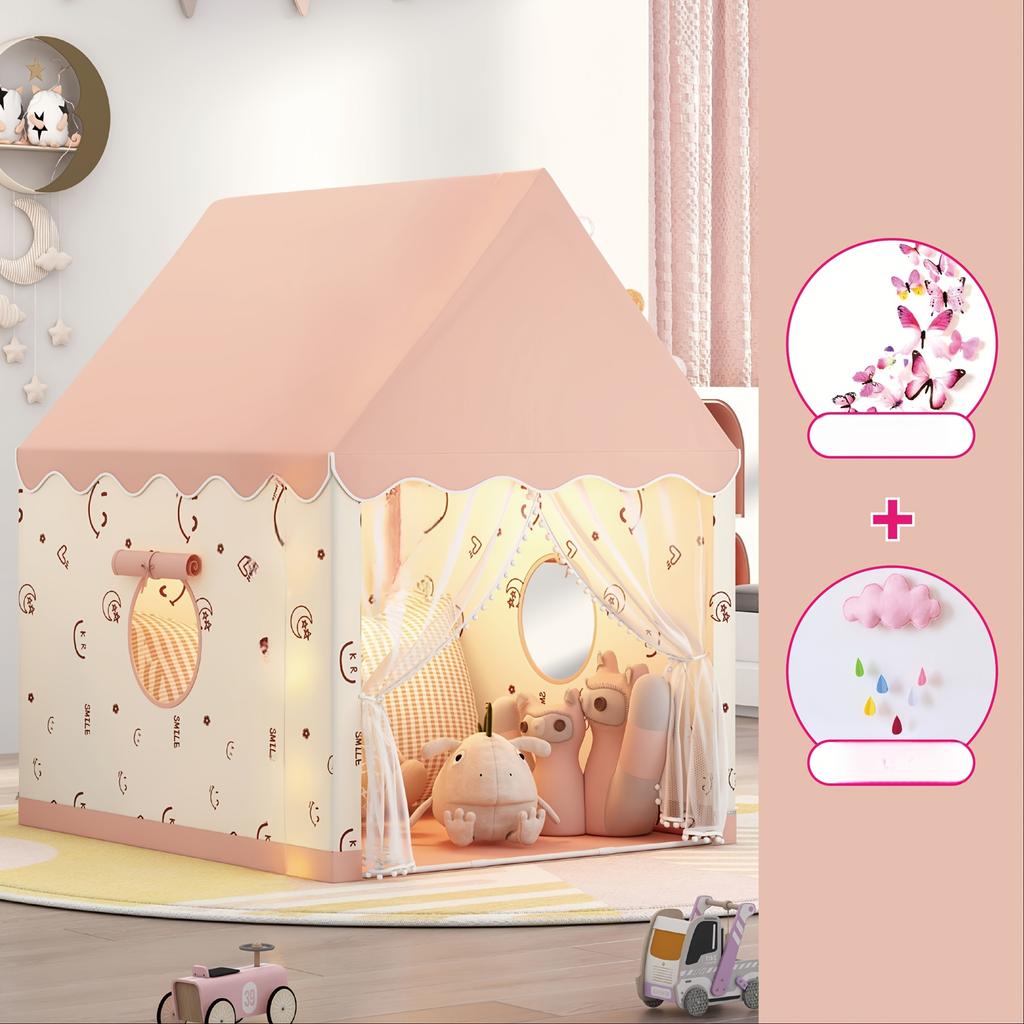 Princess Fairy Tale Tent for Kids Pink Beige Cottage Style Play Tent with Cloud Butterfly Decor Synthetic Fiber Indoor Outdoor