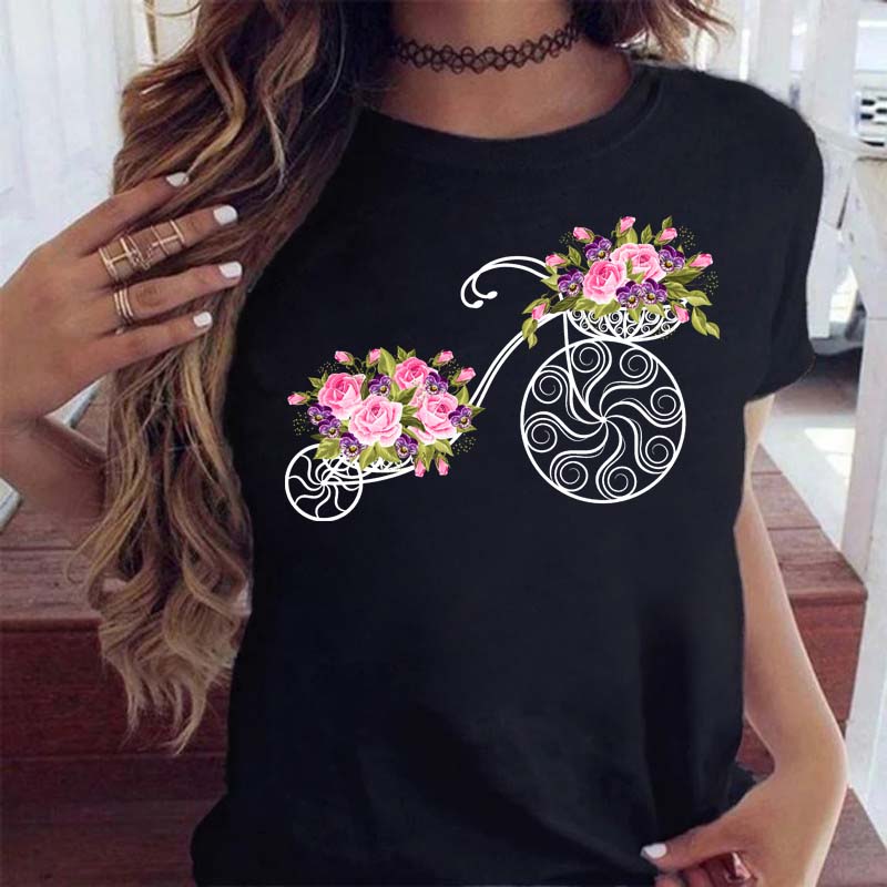 Woman Funny Bicycle Floral Print T Shirt Harajuku Women Tshirts Casual O-Neck Short Sleeves Tops Tees Shirt,Drop Shipping