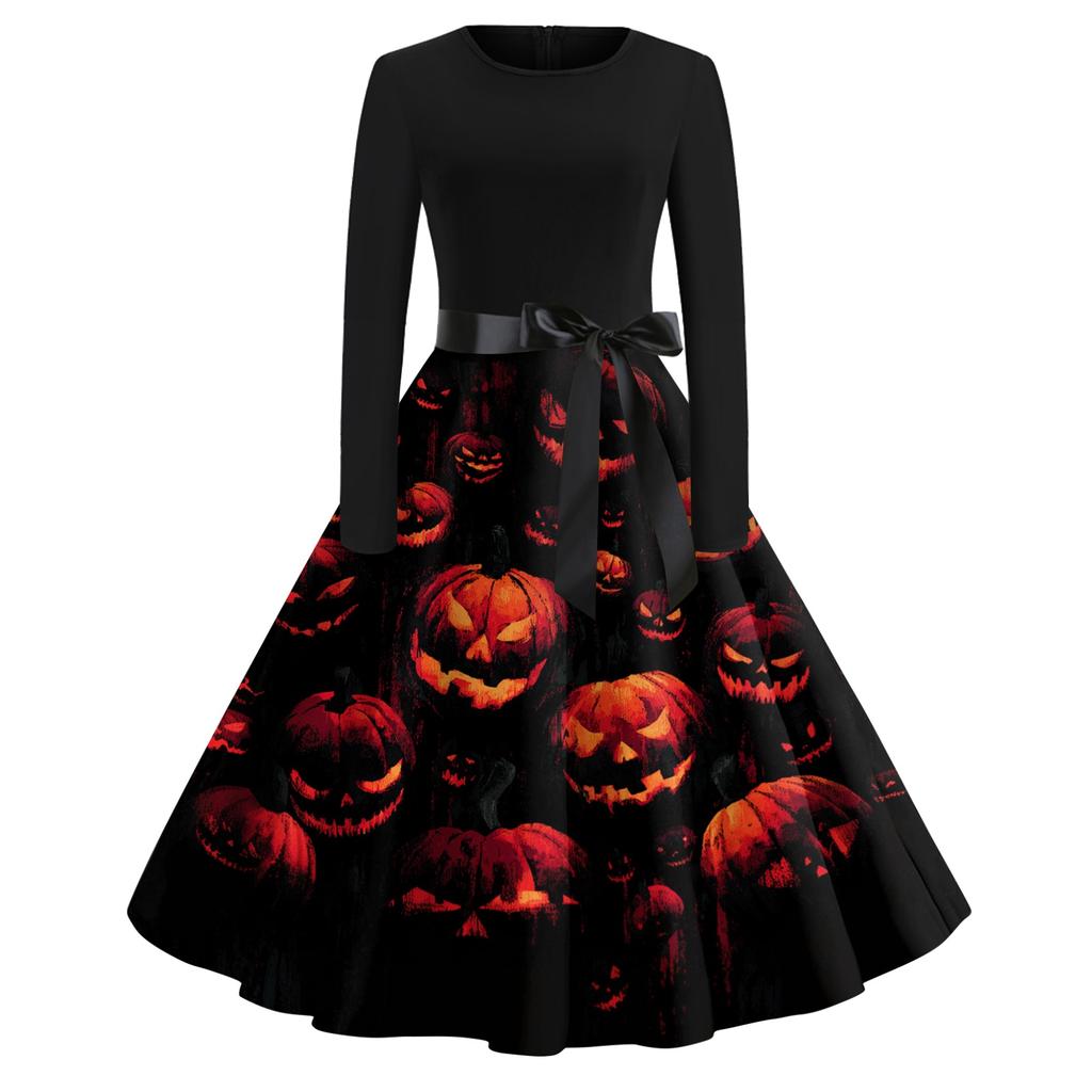 Women's Vintage Long Sleeve Round Neck Dress Halloween Party Printed Midi Dress with Belt Retro Style