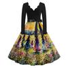 Women's Retro Long Sleeve V-Neck Halloween Witch Print Party Dress
