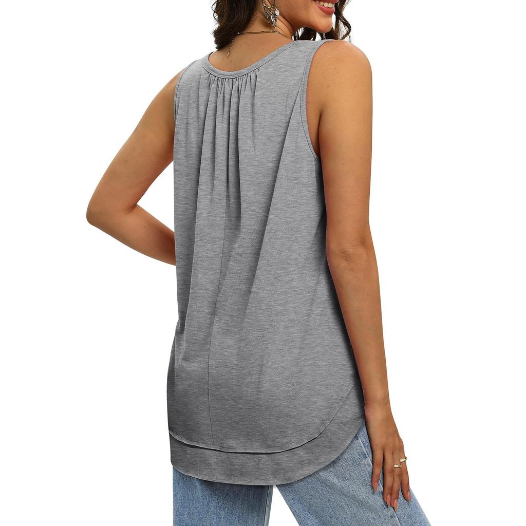 Womens Summer Fashion 2024 Tank Tops For Women Loose Fit Pleated Sleeveless Shirts With Curved Hem Flowy Clothes