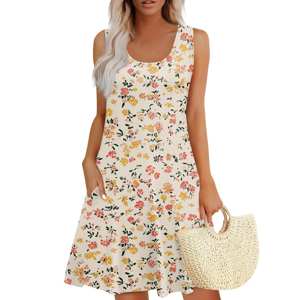 Women's Summer Floral High Waist Bohemian Dress Casual Hawaiian Flowing V Neck Holiday Dress