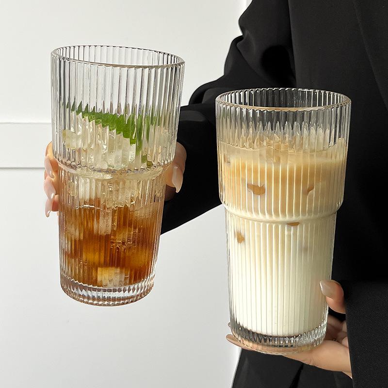 Vertical Stripe Glass Coffee Cup with Lid and Straw - Thickened and Transparent Design