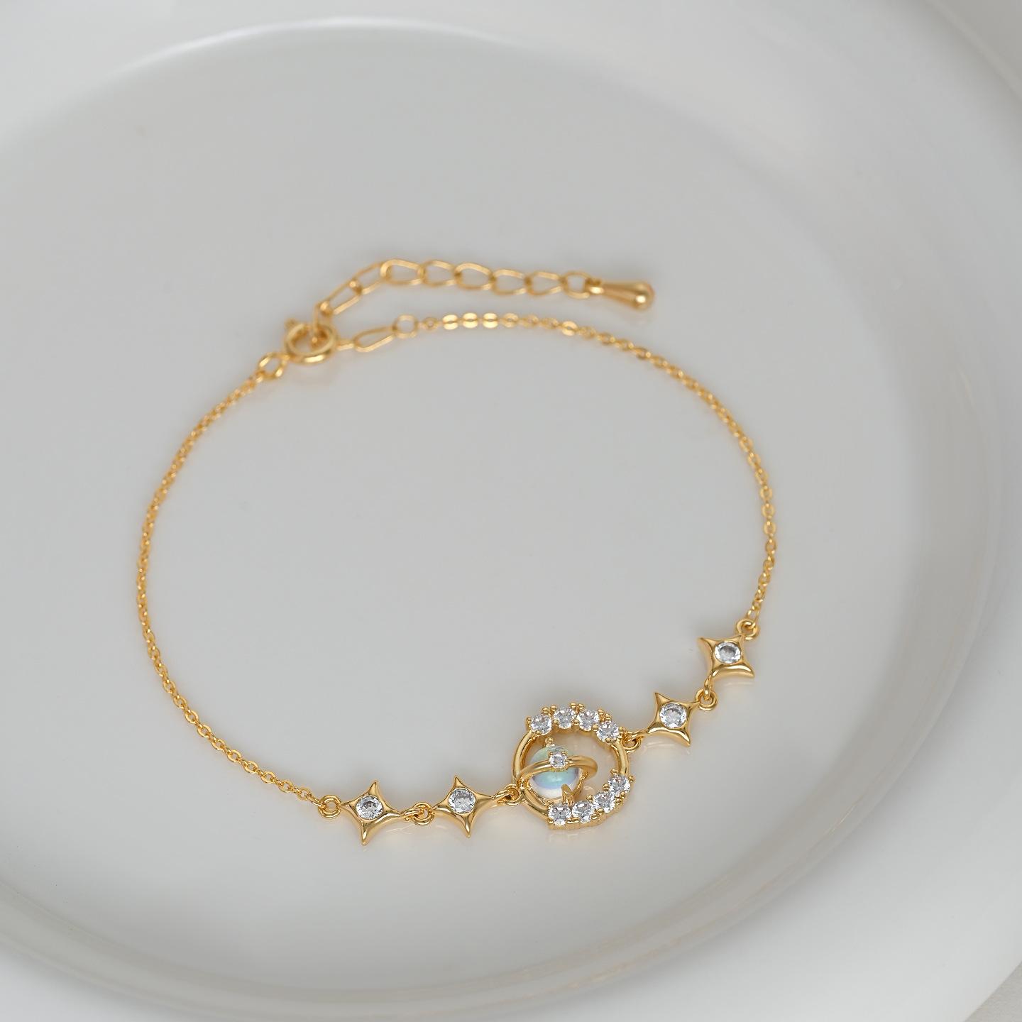 

Gold Plated Saturn Planet Star CZ Bracelet – Dainty Celestial Jewelry, Sparkle Gift for Women золотой