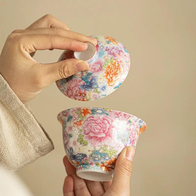 160ml Chinese Enamel Color Ceramic Gaiwan Teacup Beauty Tea Infuser Handmade Flowers Porcelain Tea Bowl Travel Portable Teaware