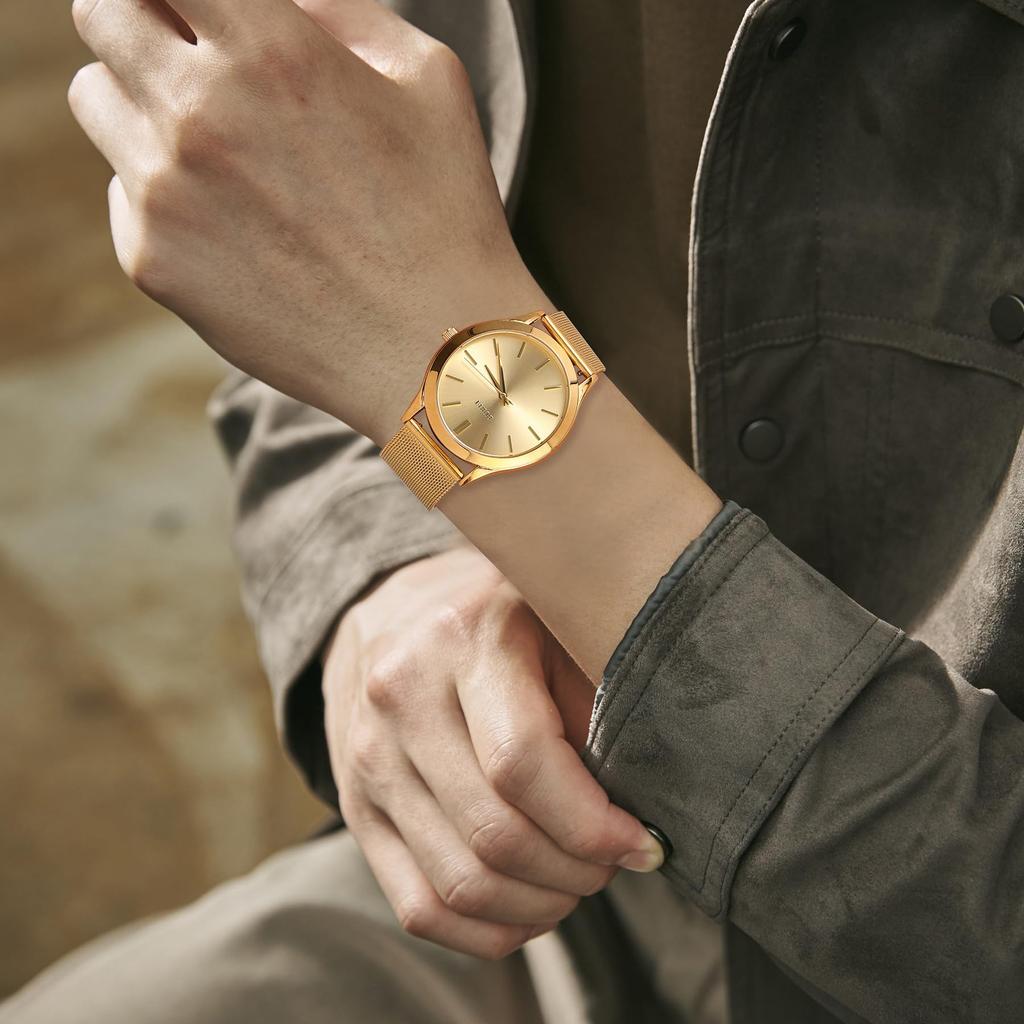 BUREI Analog Quartz Stainless Steel Strap Men's Watch, Waterproof, Popular, Slim, Simple, Stylish, Business, Casual, (Gold)