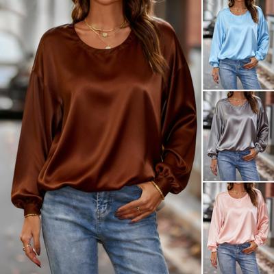 Women Tops Solid Color Round Neck Long Sleeve Blouse Solid Color Loose Fit Casual