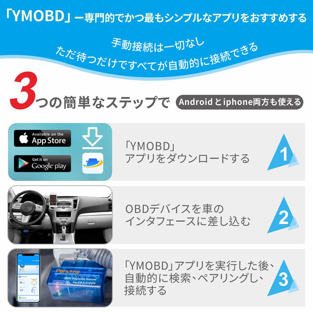 OBD2 Bluetooth Scan Tool, OBD2 Scanner for iOS/Android, OBD II Scanner, Automotive Diagnostic Tester v1.5, Dual-Layer Chip (Japanese Manual Included)