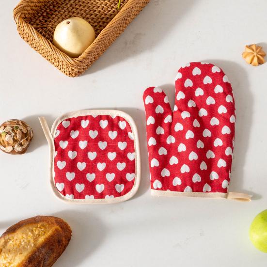 Thickened Cotton Oven Mitts with Heart Print Heat-Resistant Baking Gloves for Microwave Grill & Cooking Non-Slip Breathable Kitchen Essential