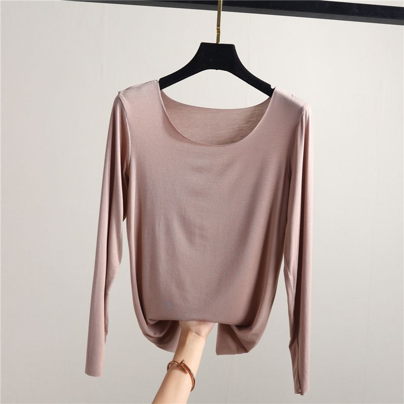 

Модальная базовая женская осенне-зимняя бесшовная с длинными рукавами и футболкой, однотонная тонкая одежда, универсальный ремонт, топ с круглым вырезом XL дубильная кора