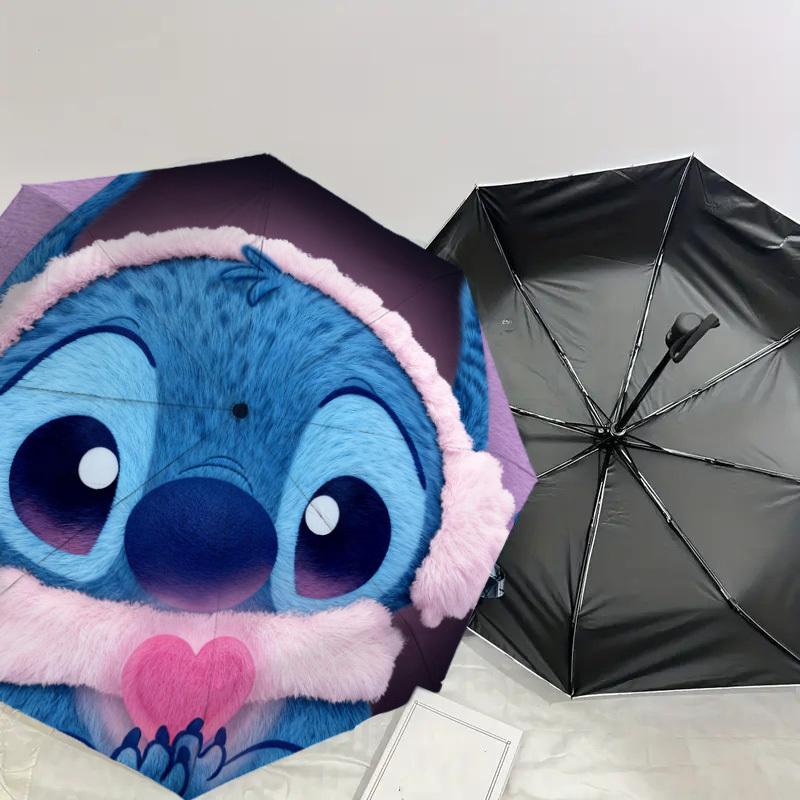 1pc Stitch Heart Automatic Folding Umbrella, Heavy Duty 8 Rib Iron Frame,  Suitable for Travel, Daily Use, Birthday, Decor Gift M0104051