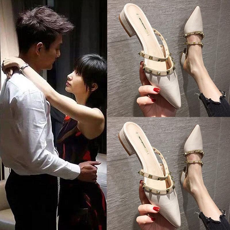 Net red envelope slippers women's fashion cool slippers pointed middle heel summer sexy head half slippers women