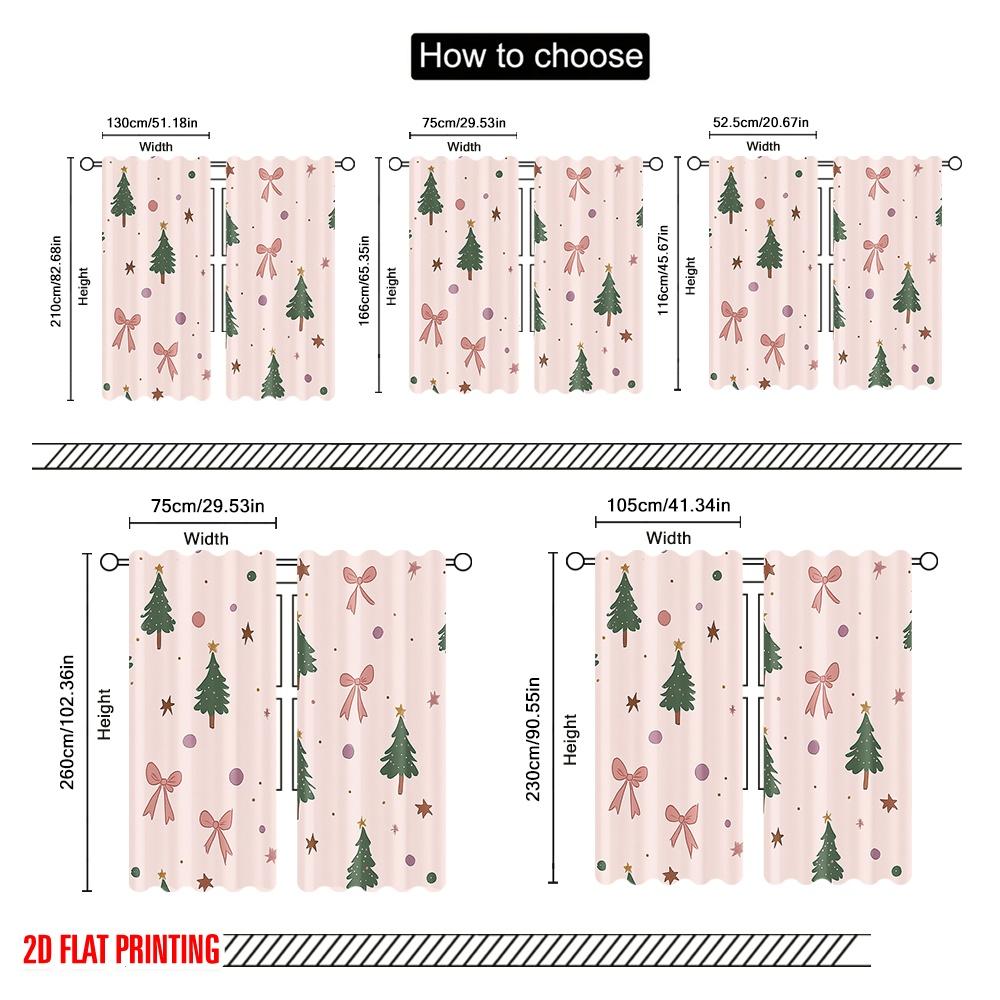 2pcs,2D Plane Printing Popular Curtains Christmas Trees Bows Ornaments Stars (3) Polyester Easy Install (without Rod) Festive