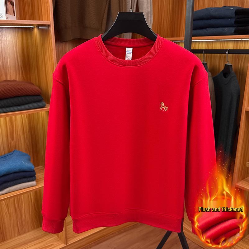 Men s Red Fleece-Lined Hooded Sweatshirt: Chinese New Year Embroidered Casual Top 4XL