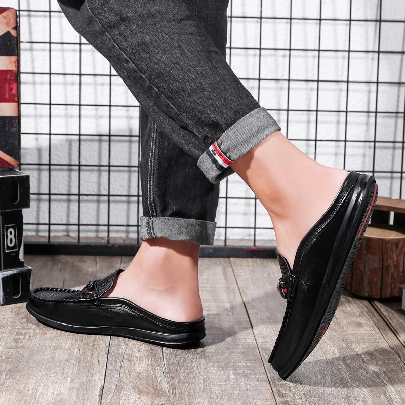 Men's Genuine Leather Mule Shoes Casual Slip-On Loafers for Men Comfortable Outdoor Walking Shoes Non-Slip Mens Slip on Flats