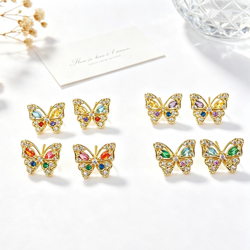 High-Quality Gold Plated Colorful CZ Butterfly Stud Earrings for Women Multi Crystal Cute Animal Earrings Fashion Party Jewelry