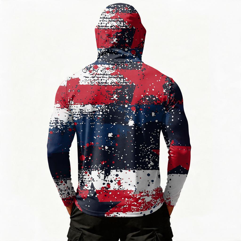 Men Hooded Long Sleeve Sun Protection Top with Abstract Independence Day Print Lightweight Pullover Casual Wear for Outdoor Activities