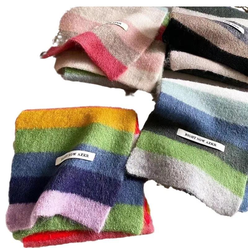 Korean Fashion Scarf Winter Autumn Women Striped Knit Wool Muffler Female Chic Versatile Small Soft Warm Shawl Trendy Girl