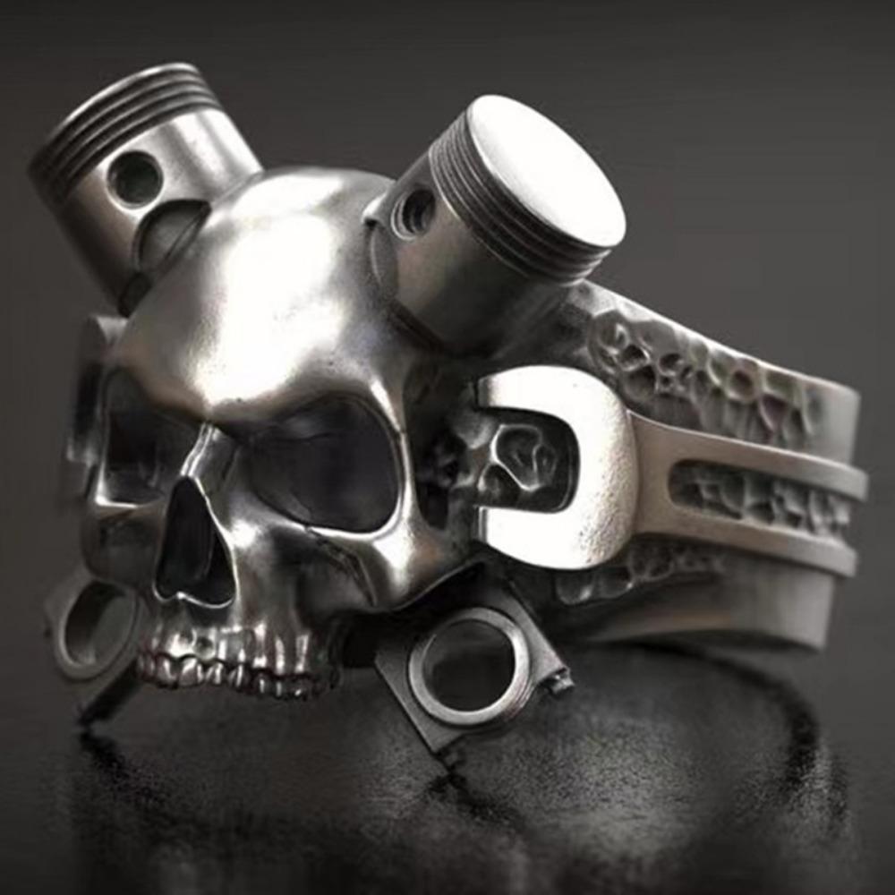 

Hip-hop Retro New Simple Steampunk Heavy Skull Ring Gothic Wrench Screw Skull Ring Men and Women Rock Street Party Accessories 7 серебряный
