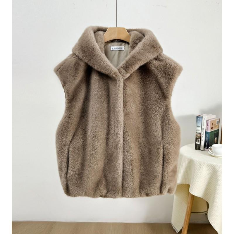 Nuovo Gilet con Cappuccio da Donna in Ecopelliccia Gilet Corto Monopetto Capospalla Casual