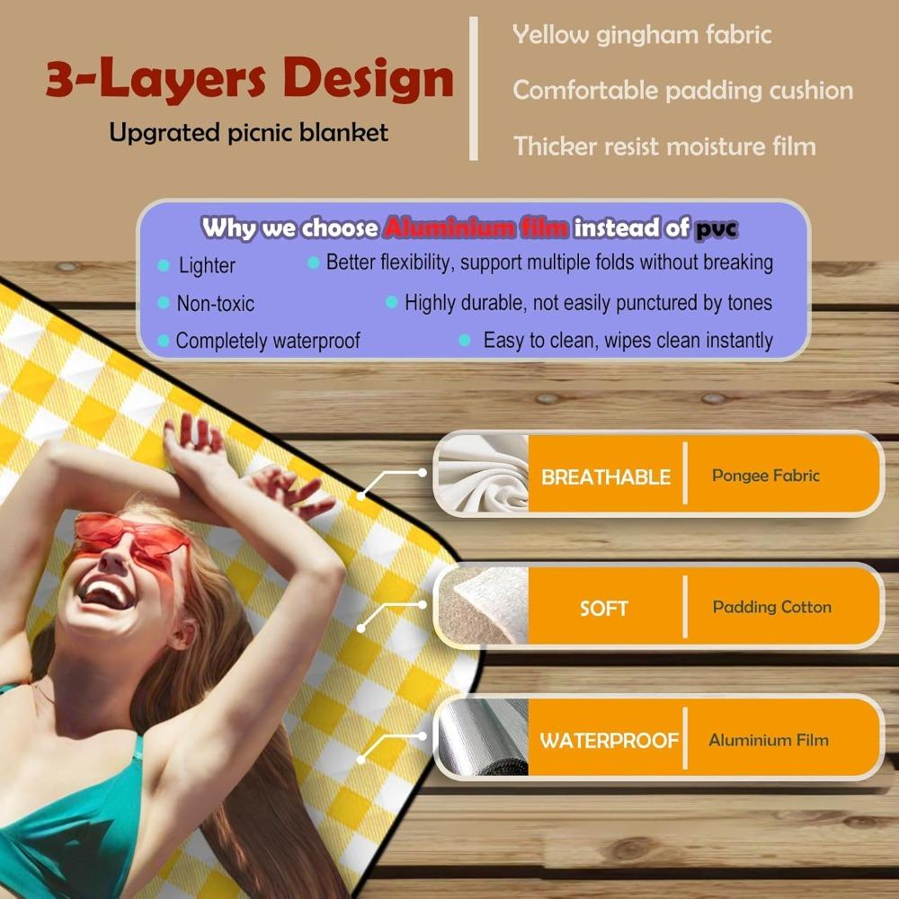 Picnic Outdoor Blankets, Extra Large 79x79in Beach Blanket, Thick 3-Layers Camping Waterproof Mat for Camp Hiking Park, Portable Foldable Rug
