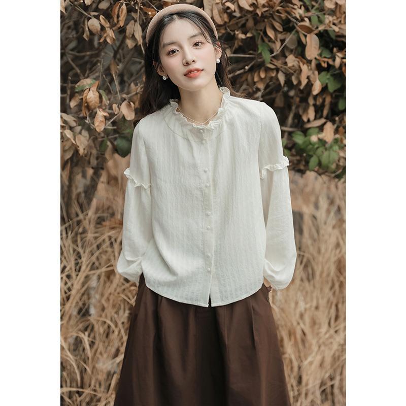 Literary and Retro Fungus Edge Stand-up Collar Shirt for Women's Early Autumn Salt-tie Wear with Underlay Petty Bourgeoisie Top