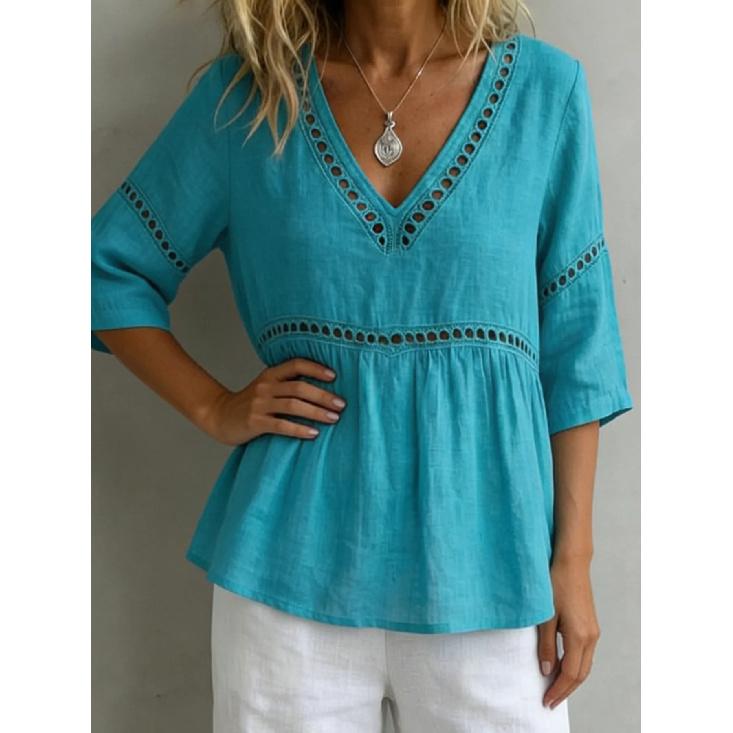2026 New Women's Solid Color V-neck Hollow Casual Top with Lace Trim Cotton-Linen Shirt