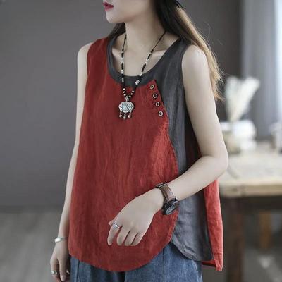 Cotton and Linen Summer New Loose Camisole Vest Women's Asymmetrical Top Button Decoration Splicing Sleeveless Top