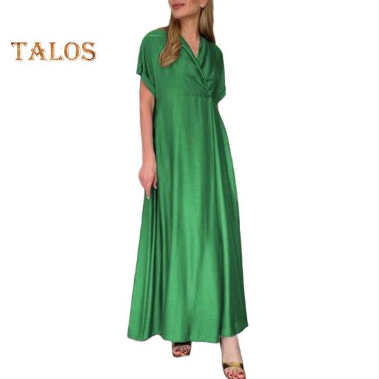 

Весеннее женское платье с V-образным вырезом и коротким рукавом, свободное А-силуэта, чистое цветное платье макси длиной до щиколотки, плиссированное платье для выпускного вечера, вечеринки, свидания L зелёный