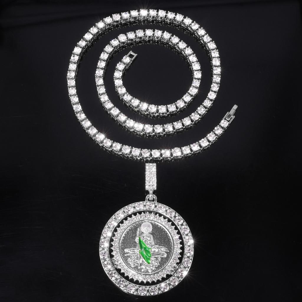 European and American New Rotatable St. Jude Alloy Pendant, Alloy Diamond-encrusted Personalized Hip-hop Style Necklace Jewelry