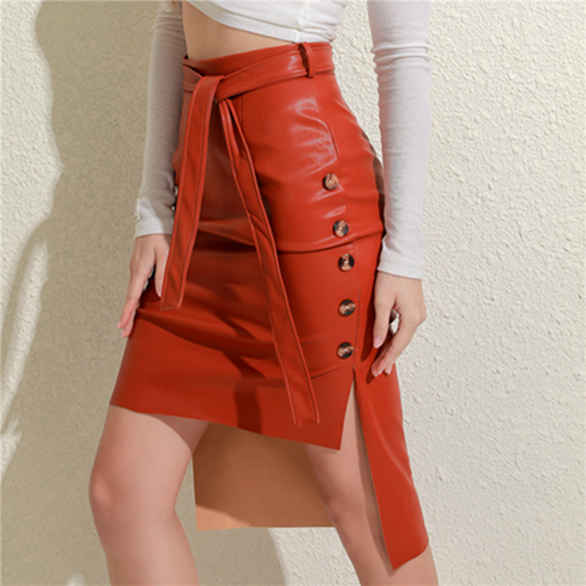 Ladies Sexy Lace-Up Leather Skirt Party Dress Fashion Solid Color Casual Bodycon Midi Skirt