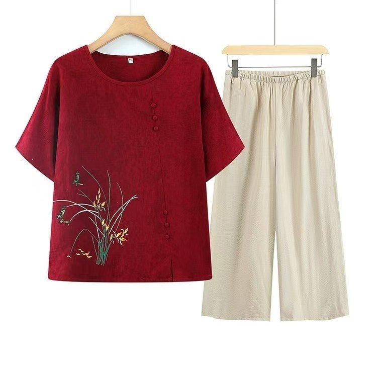 

Chic Summer Set: Short-Sleeve T-Shirt for Middle-Aged & Elderly Women, Grandma Style, New Chinese Design - Perfect for Women s Day! 2XL