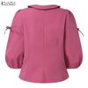 ZANZEA Women Casual Doll Collar Solid Color 3/4 Sleeve Loose Blouse